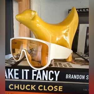 Yellow sheer lens chunky bubble goggle oversized aviators sunglasses beige frame